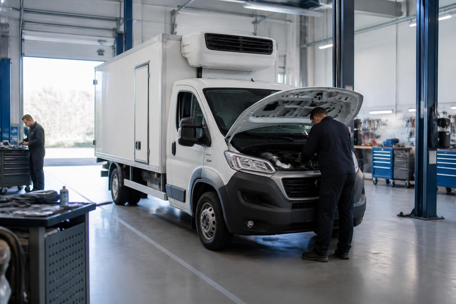 Officina con un furgone refrigerato durante un intervento tecnico